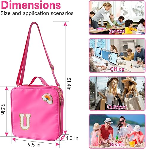 Miniatura 3 de Lonchera de nailon aislada para niñas, niños y mujeres, elegante bolsa de almuerzo grande rosa con correa ajustable y letra S de chenilla, bolsa