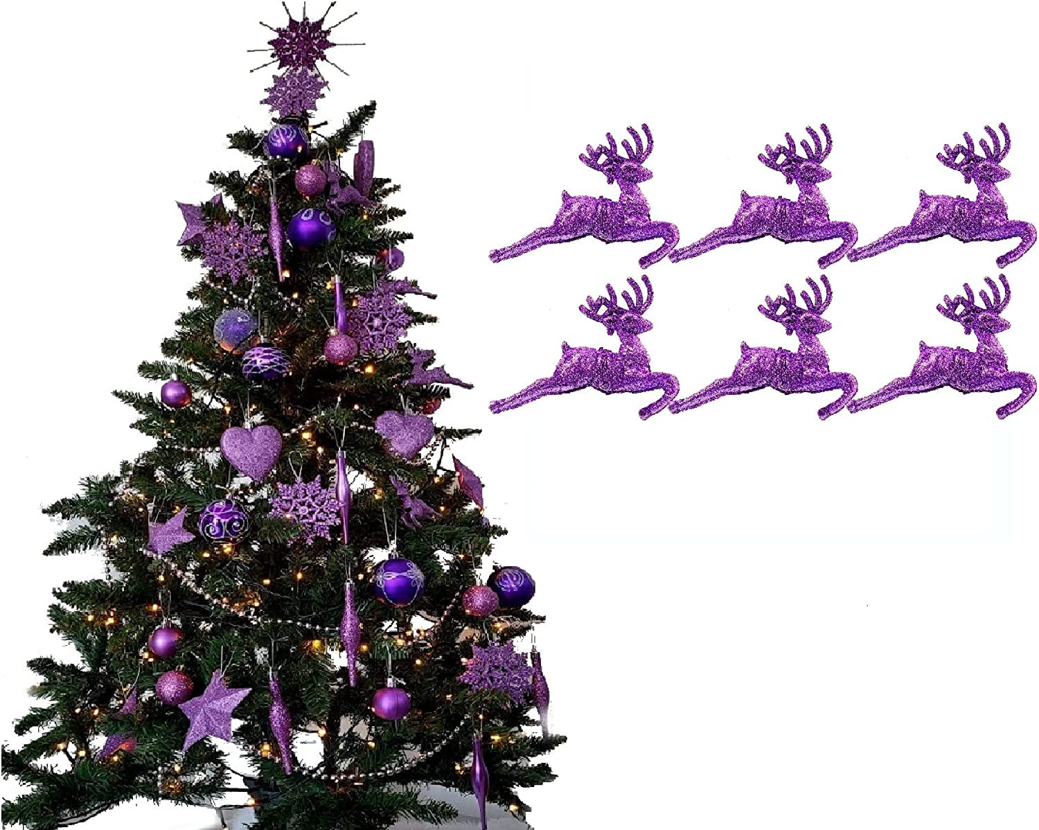 Ukdeals Direct Pack Of 6 Reindeer Ukdeals Direct® Lilac Collection Christmas Droplet Baubles Tree Decorations Glitter Matt Icicles (Pack Of 6 Reindeer)