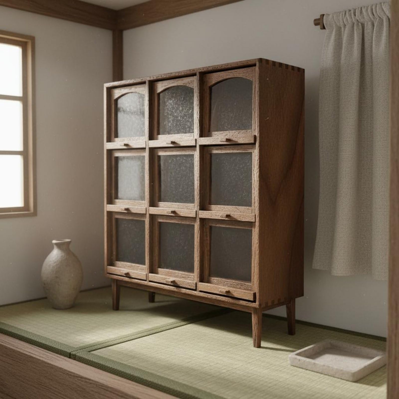 Miniatura Armadietto Scaffale Vetrinetta Credenza Legno con 9 Scomparti per Accessori Stile Rustico Giapponese Adatto per Casa Delle Bambole 1 12, 178x58x207 Mm, style to 1