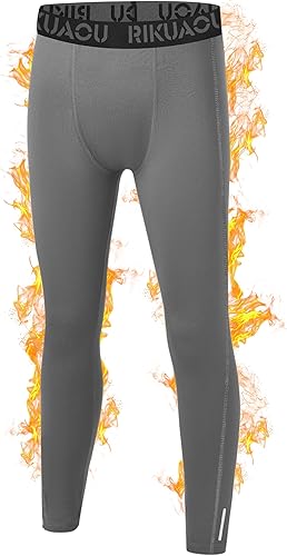 RIKUAOU Boys' Thermal Pants Fleece Lined Compression Leggings, Youth Football Base Layer, Kids Sports Tights Cold Weather Light Gray