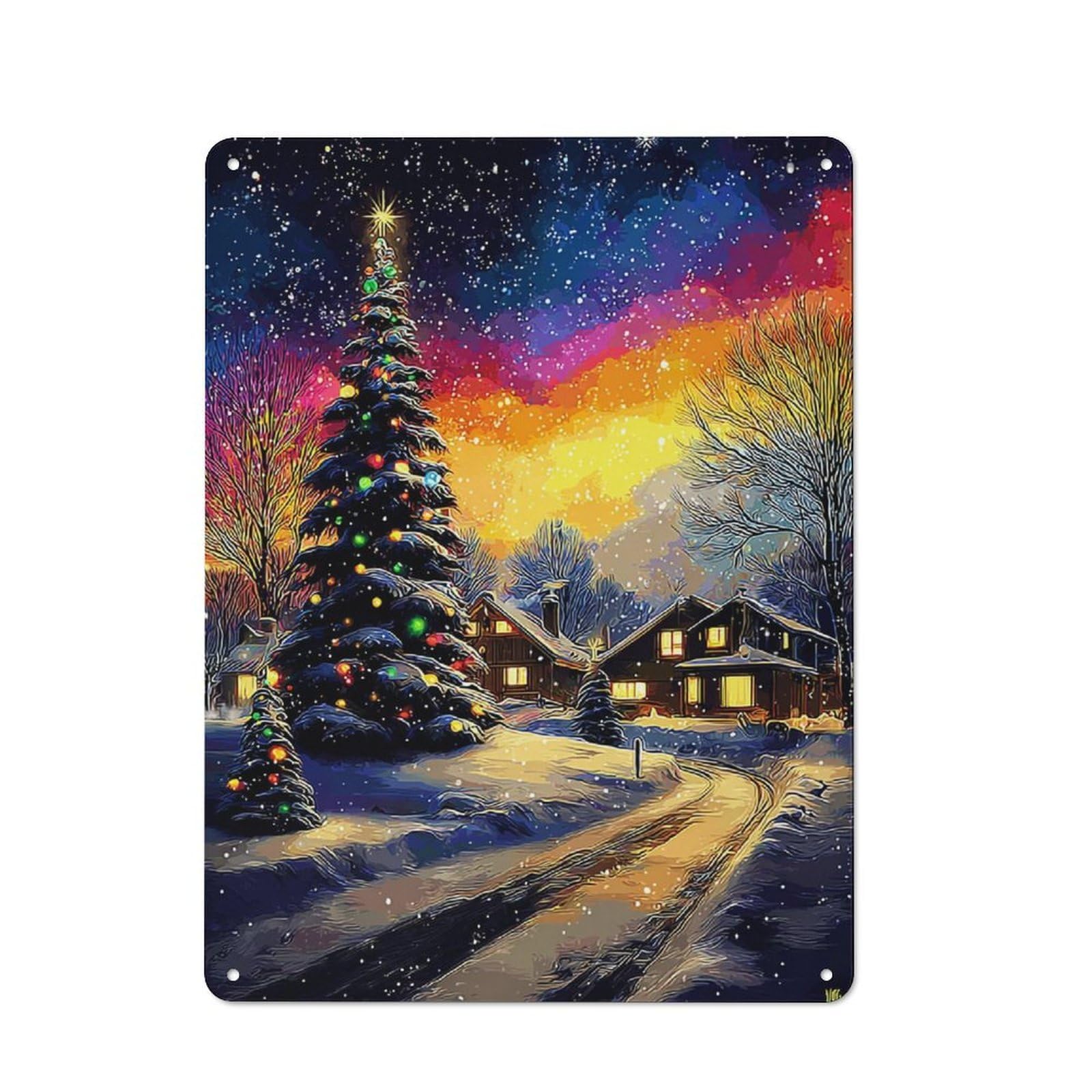 Rustic Christmas Night in The Village Tin Wall Plaque 40x30cm, Rustic Kitchen Decor for Cottage, Kitchen, Hallway Or Breakfast Nook