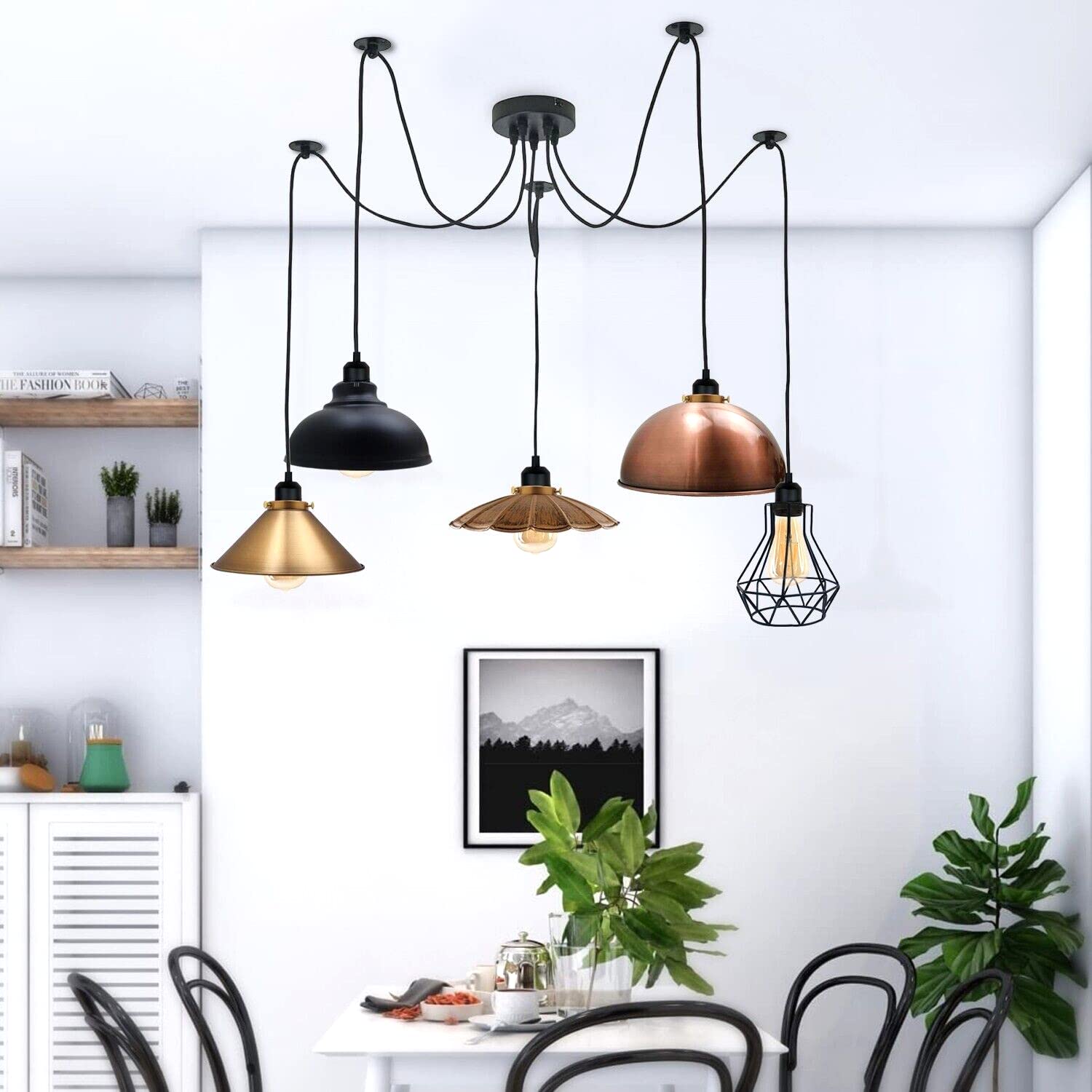 LEDSone Lampadario a sospensione industriale a 5 luci con attacco E27, paralume multiplo, fai da te, lampadario a soffitto Sputnik, per soppalco, soggiorno, camera da letto, corridoio