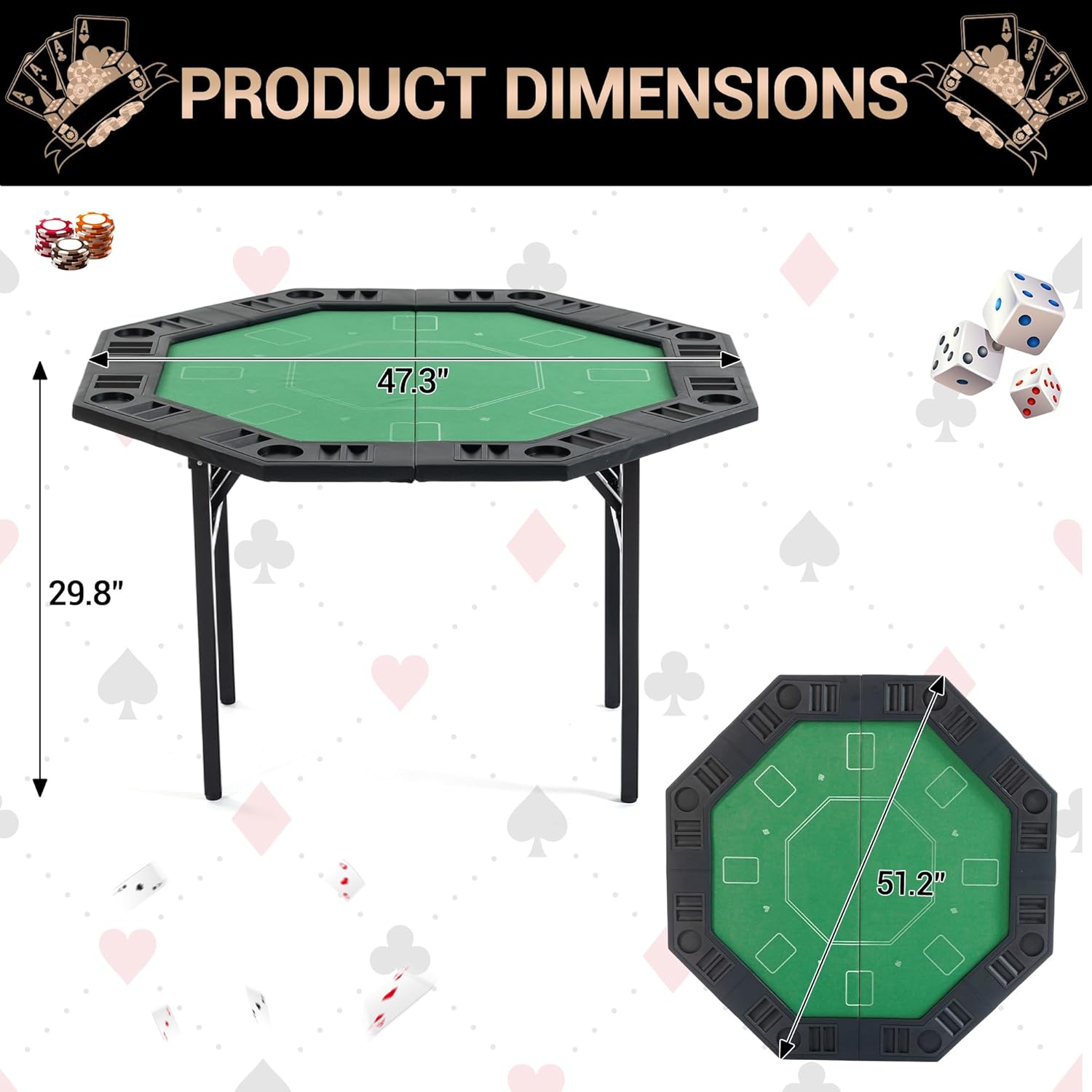 Poker Table Foldable, 8-Player Octagon Poker Game Table with Chip Trays & Collapsible Legs, Portable Folding Casino Table for Texas Holdem, Home Game Nights, Green