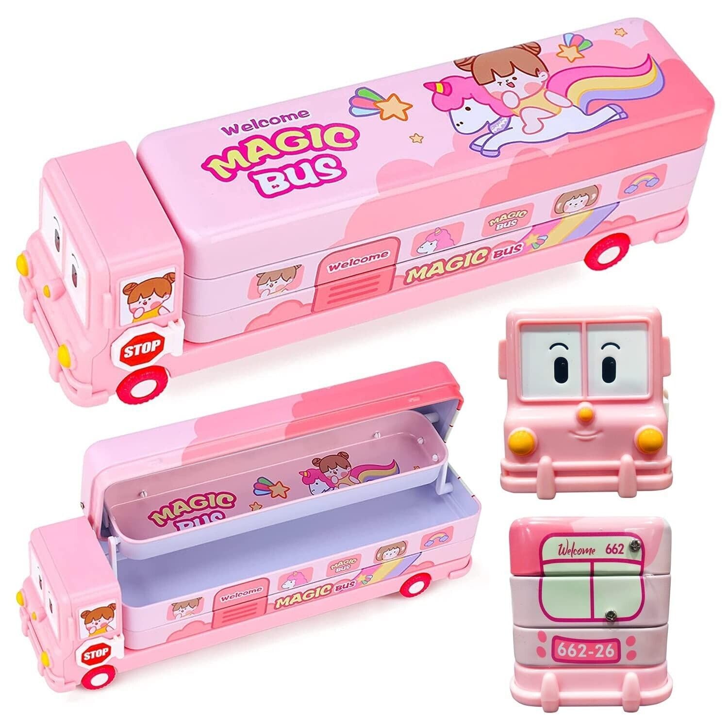 TRU TOYS Bus Shape Pencil Box, Cartoon Printed Bus Geometry Box, 3 Compartment Compass Box with Moving Tyres and Sharpener, Double Decker Unicorn Magic Bus Pencil Box, School Supplies for Kids (Pink) (B0CMD84LT5) Amazon Price History, Amazon Price Tracker