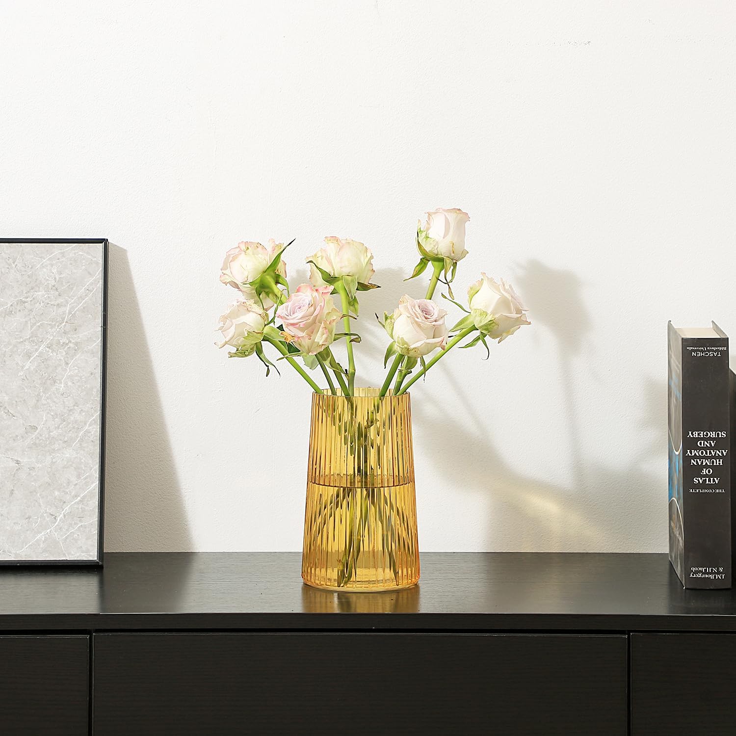 Amber Glass Vase for Flower, Flower Vase for Bouquet, Modern Glass Vases, Ribbed Vases for Living Room, Bedroom, Dining Table, Office, Wedding, Centerpieces, 8 Inches - Image 5