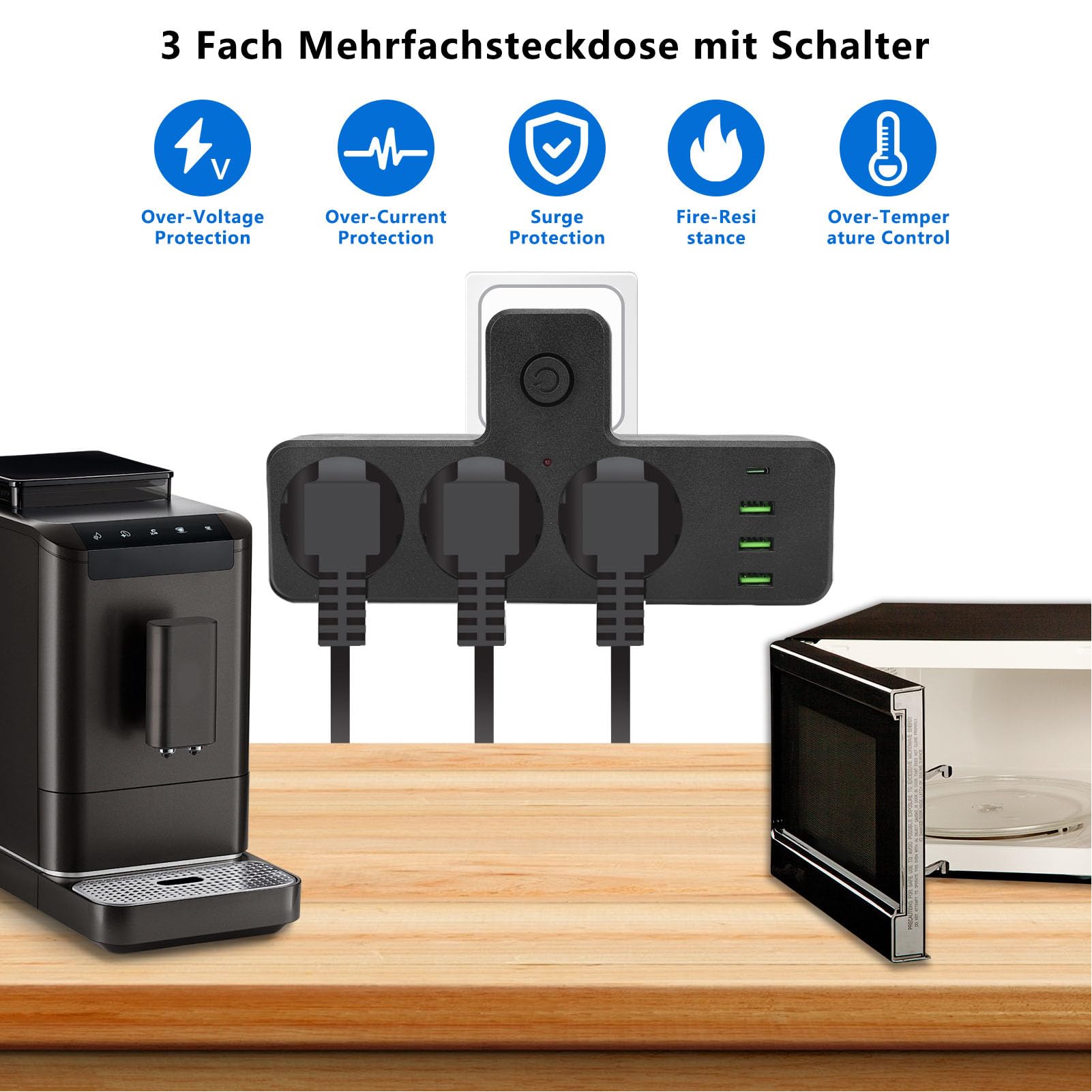 Extlet Extender, 3 Punkty Sieciowe 3 Porty USB 1 Typ C Port Multi Funkcjonalny Pasek Zasilający z Przełącznikiem, do Domu w Pokoju Domowym RV RV