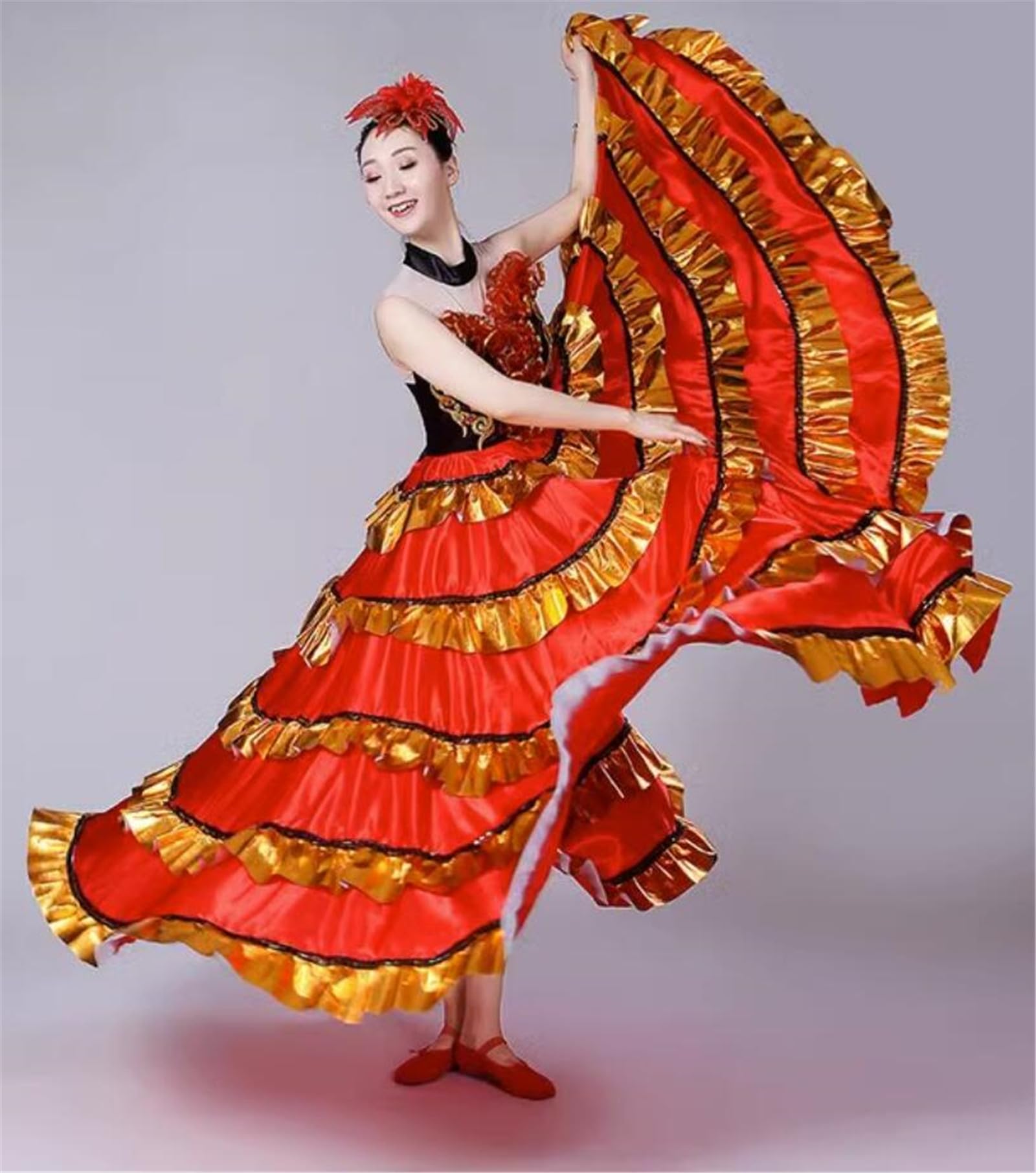 OTMYIGO Las Mujeres Vienen a Bailar Falda Gitana española Flamenco satén poliéster Sedoso Gran Columpio Carnaval Fiesta Vestido de salón Traje de Danza del Vientre