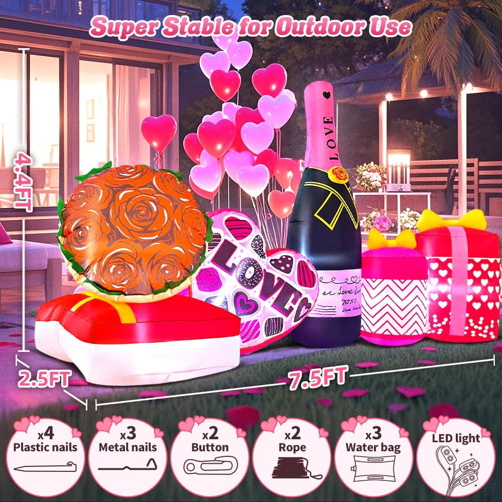 KOOY 8 FT Mothers Day Inflatable Outdoor Decoration, Happy Valentine Day Love Heart with Flower, Blow up Valentine's Day Decoration Outdoor for Yard Lawn Holiday Wedding Anniversary Décor