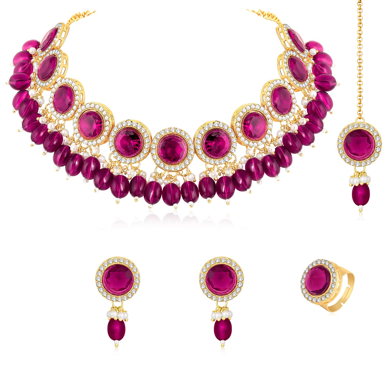 Aheli Dark Pink Crystal & Beads Studded Necklace Drop Earrings Maangtikka & Ring Bharatanatyam jewellery set Ethnic Fashion Jewellery Gift for Women