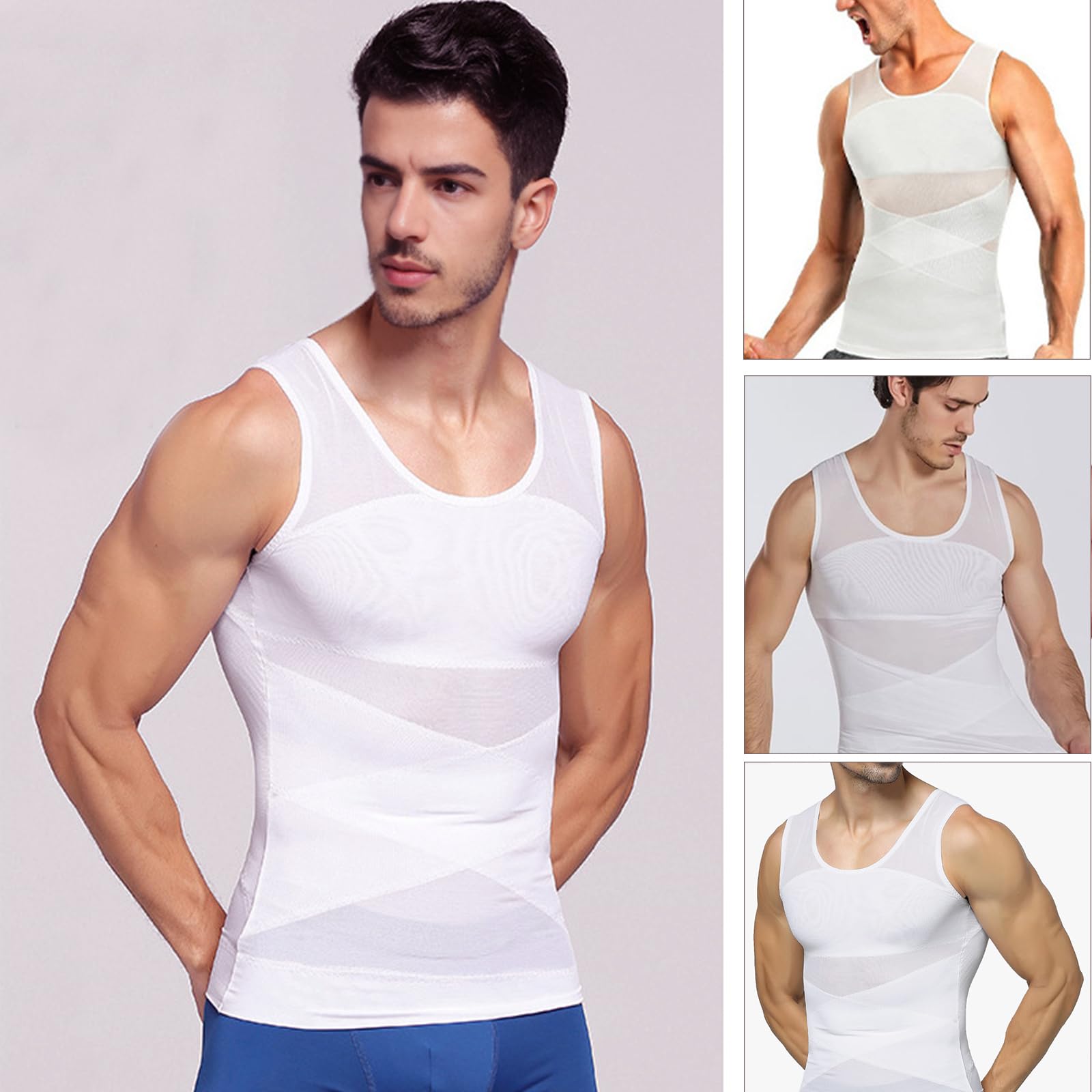 Chaleco de Compresión para Hombre, Faja Reductora, Camiseta Reductora de Compresión, Alta Elasticidad, Ideal para Gimnasio y Ejercicios de Fitness, Color Blanco