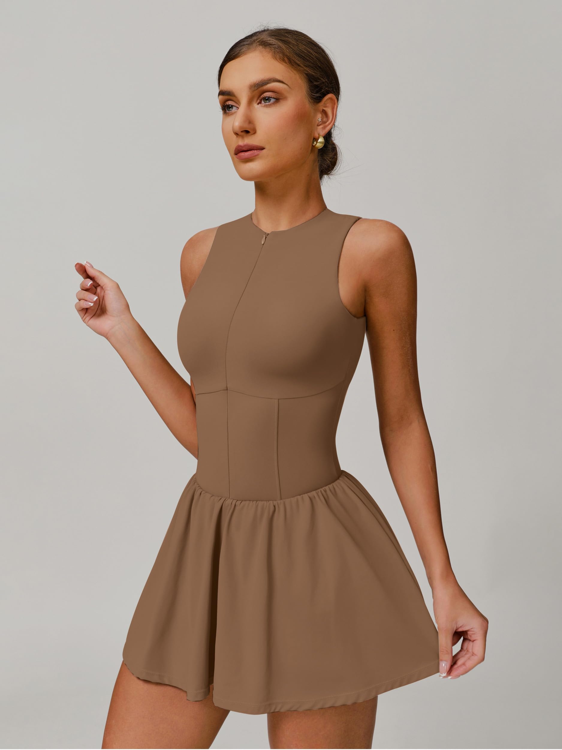 Vestito da tennis da donna, con chiusura lampo, con reggiseno integrato, pantaloncini con tasca, linea ad A, senza maniche, mini abito sportivo, da golf, sportivo