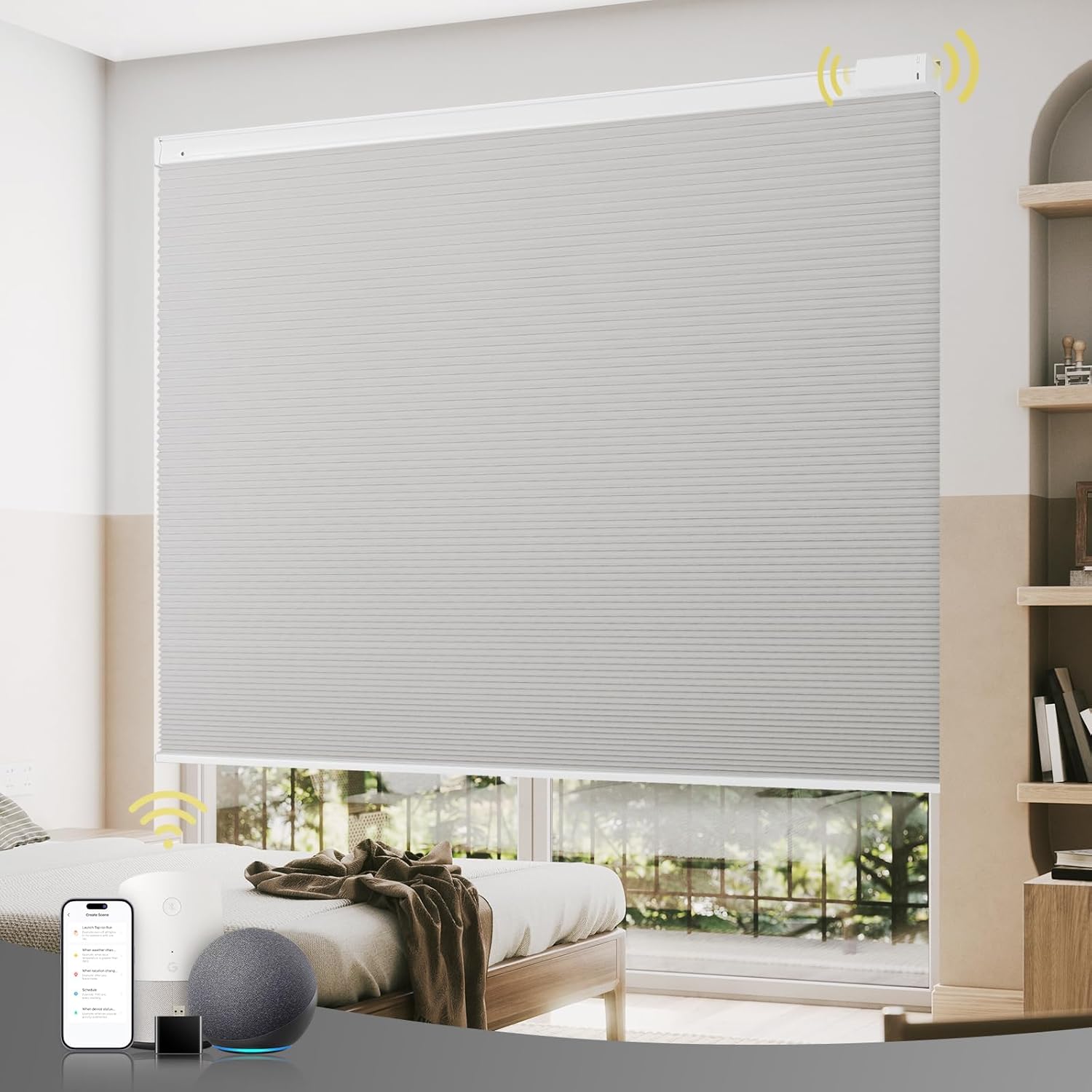 CINONEKO No Drill Motorized Cellular Shades with Remote,Cordless Smart Honeycomb Blinds,【Free Solar Panel】 Blackout Electric Blinds, No Tools No Drilling Honeycomb Shades,White 32x64 CINONEKO No Drill Motorized Cellular Shades with Remote,Cordless Smart Honeycomb Blinds,【Free Solar Panel】 Blackout Electric Blinds, No Tools No Drilling Honeycomb Shades,White 32x64