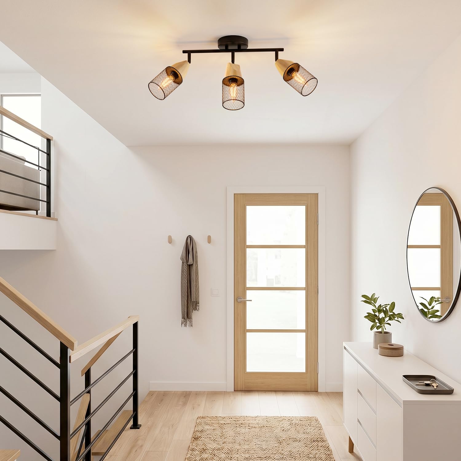 ANWIO Plafonnier LED 3 Spots, E14 Spot de Plafond Orientable, Rampe Spot LED Mural Bois,Plafonnier Industriel Couloir, Chambre, Cuisine (Sans Ampoules)