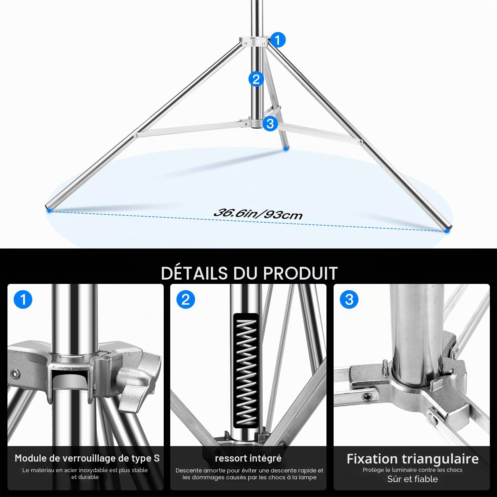 2,8 m Pied D'éclairage en Acier Inoxydable Support Eclairage Photographie avec Adaptateur Universel 1/4" vers 3/8" Trépieds pour Studio Photo Softbox Lumière Réflecteur Photographie Portrait Vidéo
