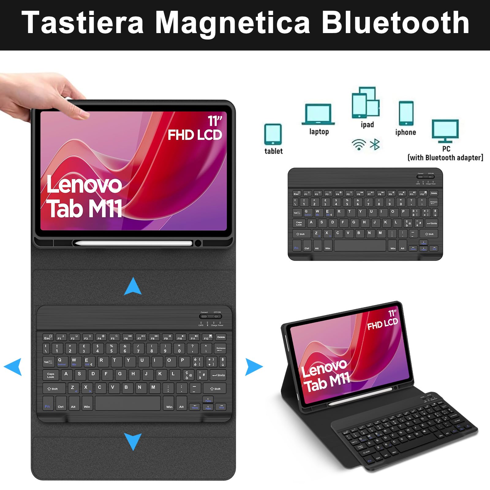 JADEMALL Custodia Tastiera per Lenovo Tab M11 11 Pollici 2024, Italiana QWERTY Tastiera Bluetooth Magnetica Staccabile per Lenovo Tab M11 11" 2024 (TB330FU/330XU), Nero