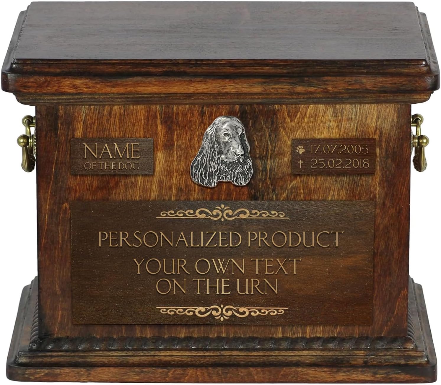 Art-Dog Personalized Pet Memorial Urn - Handmade Cold Cast Bronze Portrait on Birch Base - Personalized Dog Cremation Box – Custom Engraving – 8,3x11,4x8,7”