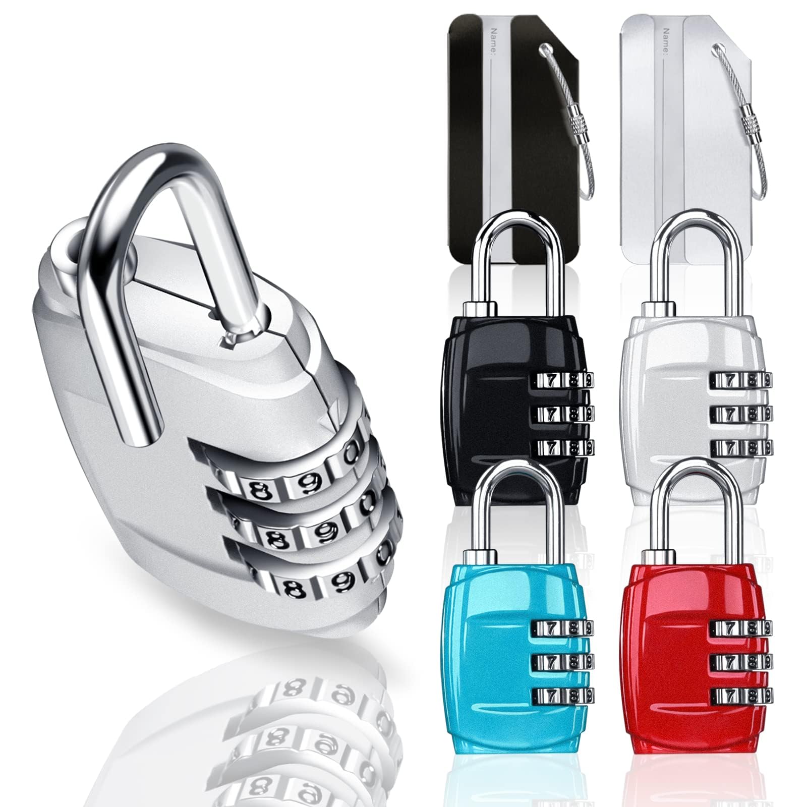 4Pack Luggage Locks, Waterproof Combination Padlocks 3 Digit Combination Padlock Codes with Alloy Body and 2Pcs Luggage Tags for School, Travel Bag, Suit Case, Lockers, Gym, Backyard, Bike Locks