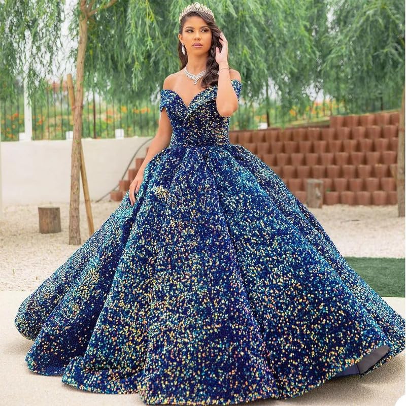 Sparkly Sequin Quinceanera Dresses Off Shoulder Puffy Prom Dresses Long Sweet 16 Ball Gown2