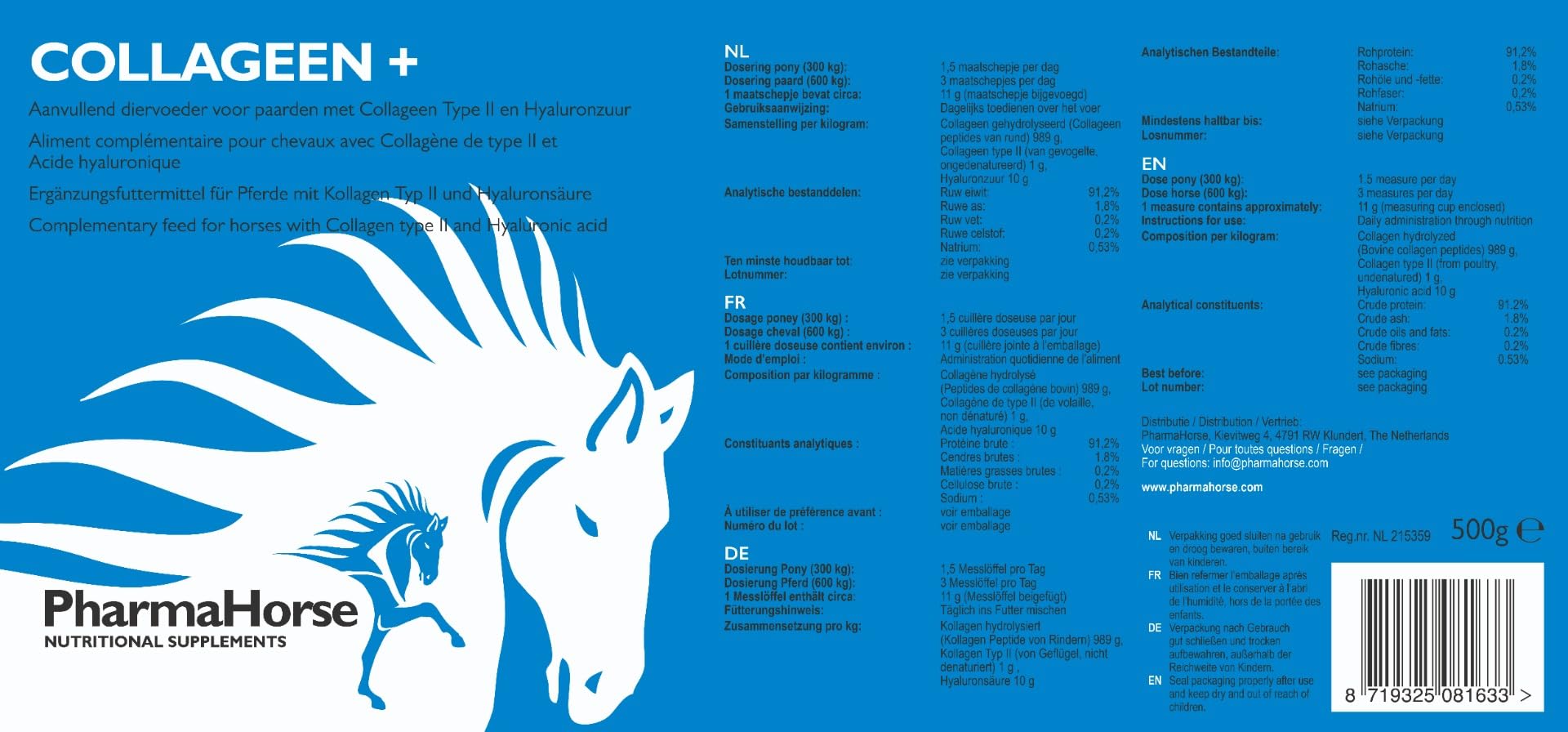 PharmaHorse Collagène+ | Souplesse des articulations Cheval | Collagène Cheval | sans Sucre ajouté | Sulfate de glucosamine 100% Pur | sans dopage | Dosage Puissant | 500 grammes
