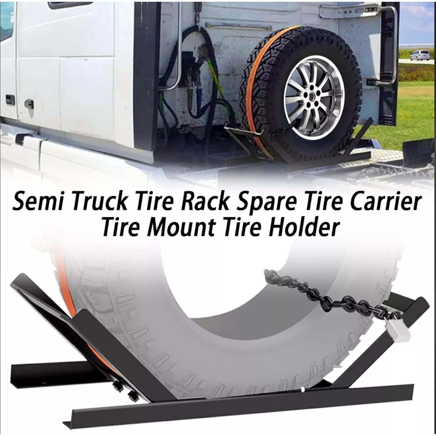 Adjustable Semi Truck Spare Tire Rack, Spare Tire Carrier Tire Mount Holder for Tractor Trailer Commercial Truck Versatile Secure Holder w/Ratchet Strap Chain