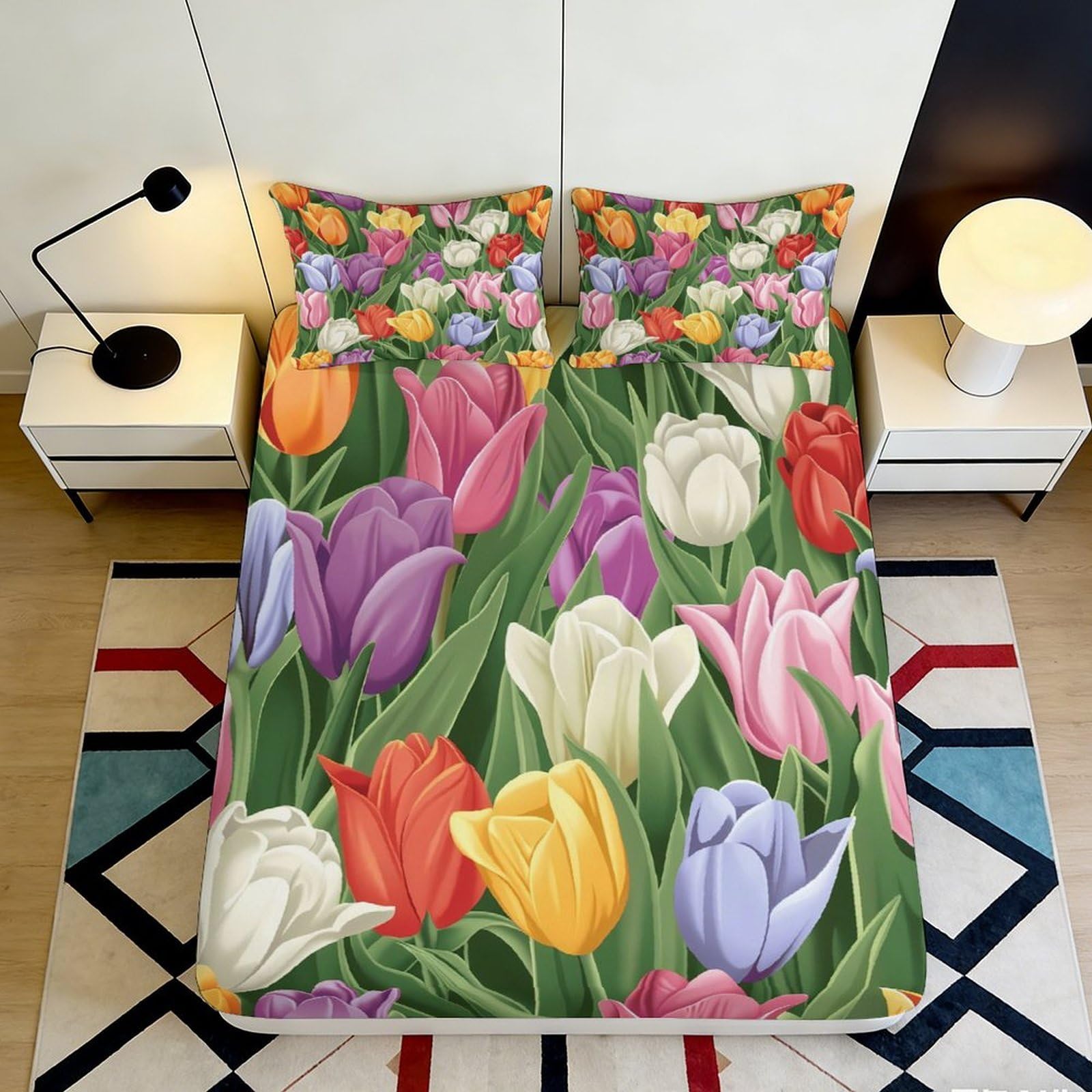 3D Printed Tulip Fitted Sheet Microfiber Deep Pocket Non-Slip Bedding Tulip Mattress Fitted Cover Full Wrap Washable for Bedroom 200x200x25cm 90x200x25cm