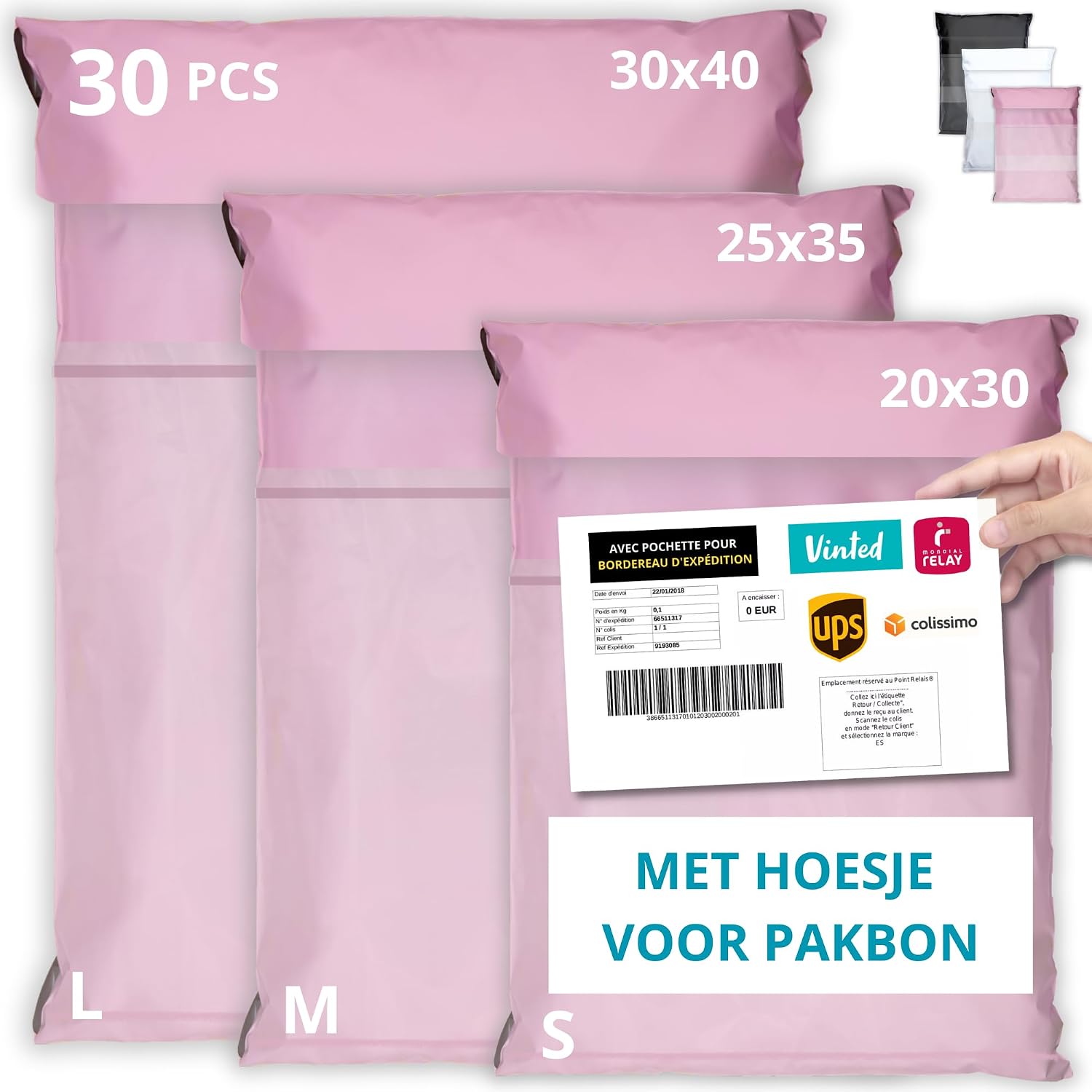EMBALLAX - 30 Verzendzakken Kleding Vinted MET HOESJE VOOR PAKBON - 3 Maten S/M/L - ONDOORZICHTIG/DUURZAAM/WATERDICHT - Verzendenvelop van Kunststof - Verzendtas - tassen voor pakketten