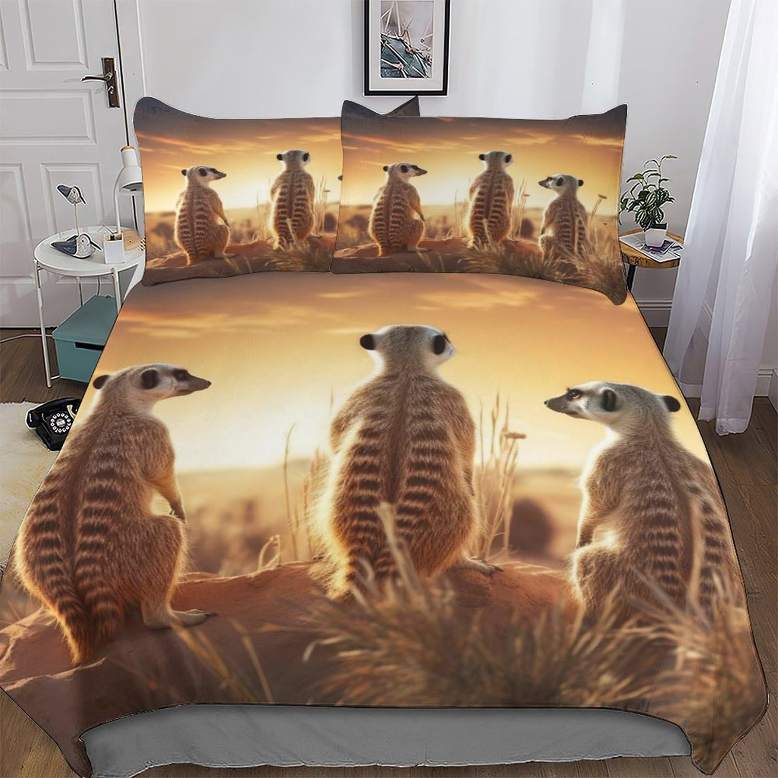 Meerkat Bedding Quilt Cover 2 Pieces Sets Soft Duvet Cover Comfortable Duvet Cover with Pillowcases For Boys Girls Single(135x200cm)
