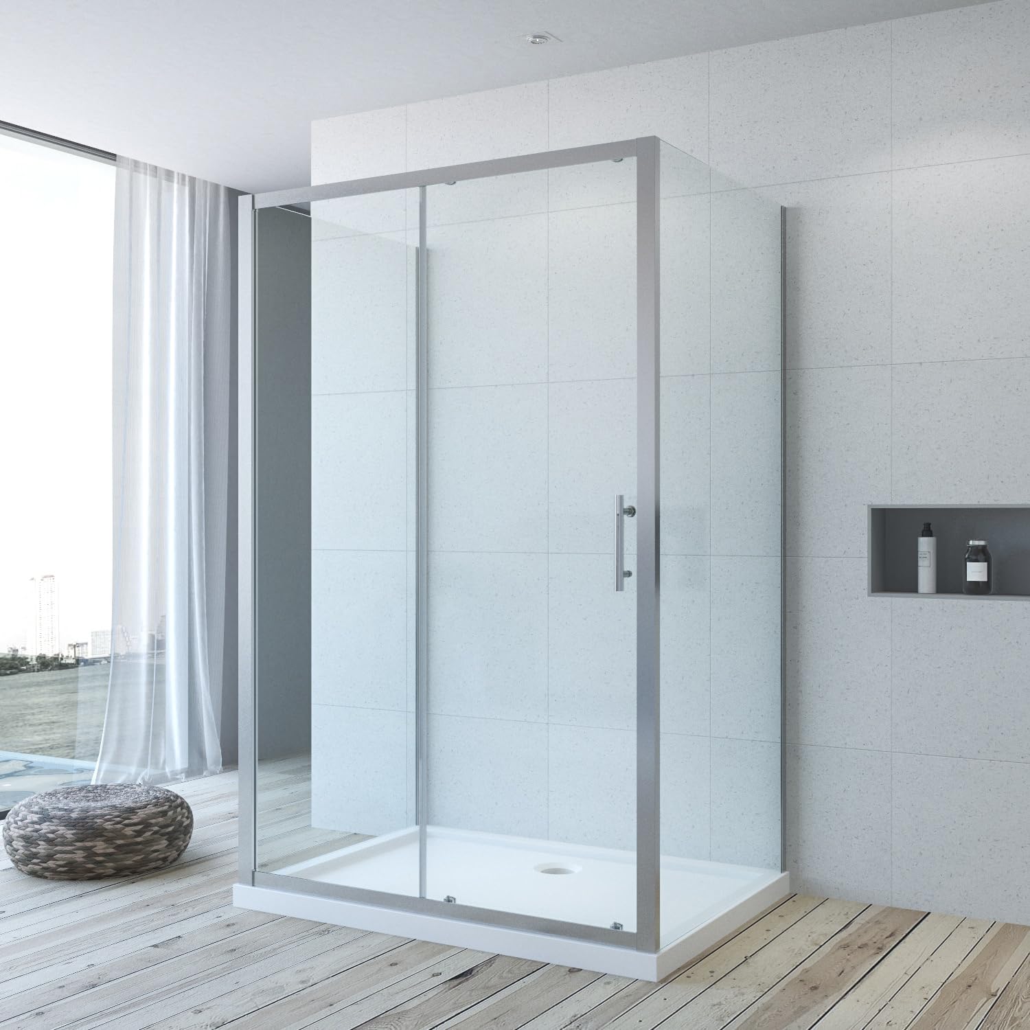 Duschkabine Eckeinstieg U Form Dusche 100 x 90 x 185 cm Duschabtrennung 3 Seiten U Kabine Eckdusche Schiebetür mit Seitenwand Freistehend Sicherheitsglas ESG klar ohne Duschwanne Duschtasse