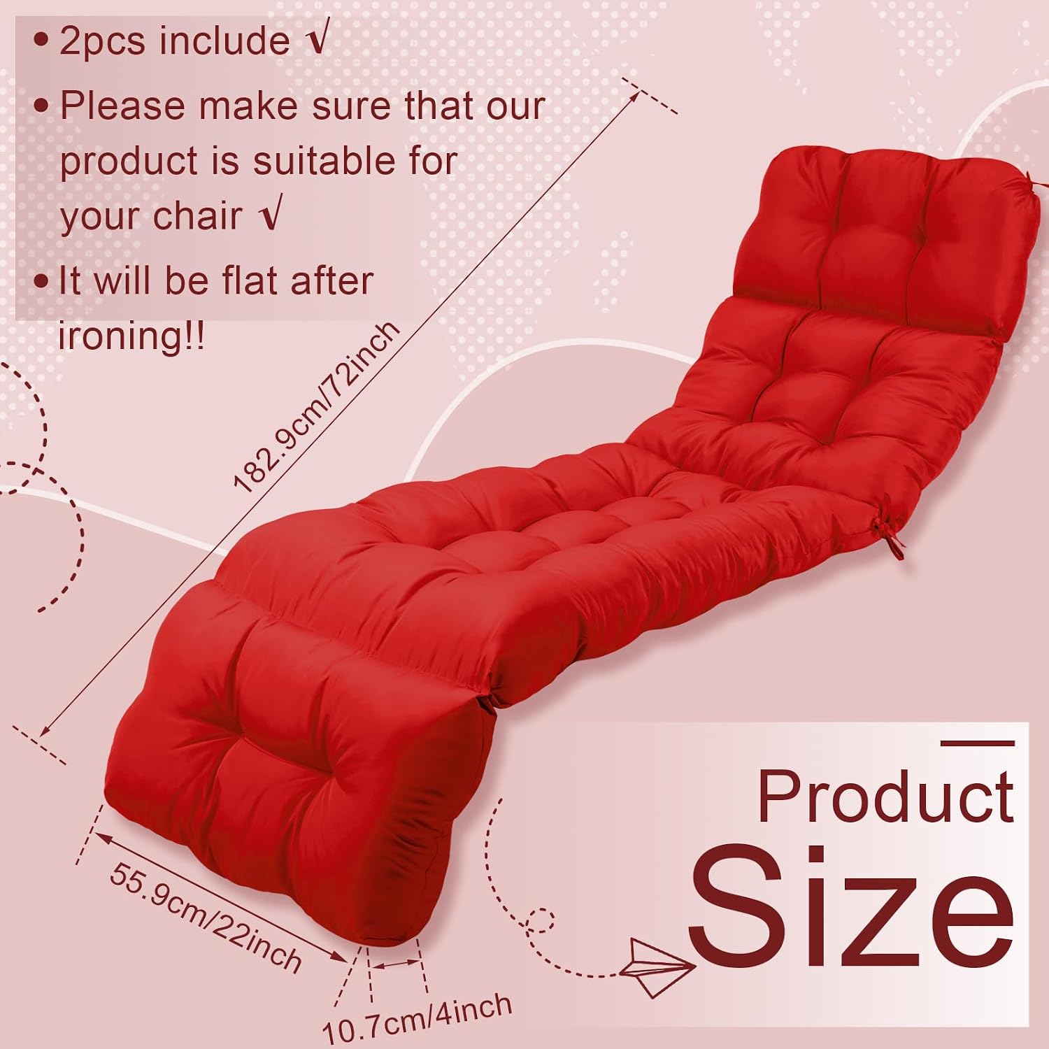DoubleFill Outdoor Chaise Lounge Chair Cushion 72 x 22 x 4.21 Inches Thick Tufted Patio Pool Lounge Cushion Waterproof Replacement for Outdoor Furniture with Ties(Brick Red,2 Pcs)