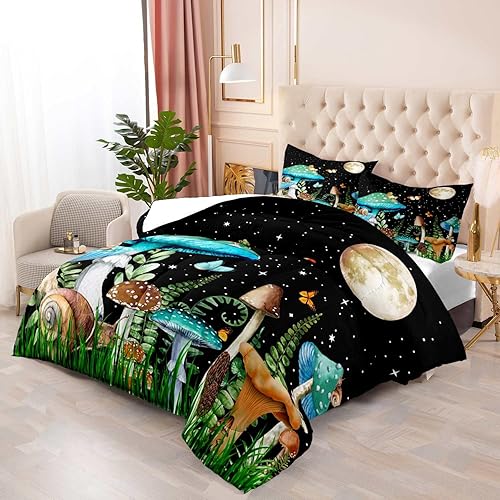 Miniatura 3 de LUVIVIHOME Juego de edredón de 2 piezas, color verde azulado con hongos trippy, tamaño individual, ropa de cama para niños y niñas, plantas