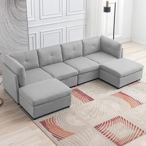 Sofá modular seccional, sofá convertible en forma de U con otomanas extraíbles, diseño capitoné, sofá modular de 6 asientos para sala de estar, gris