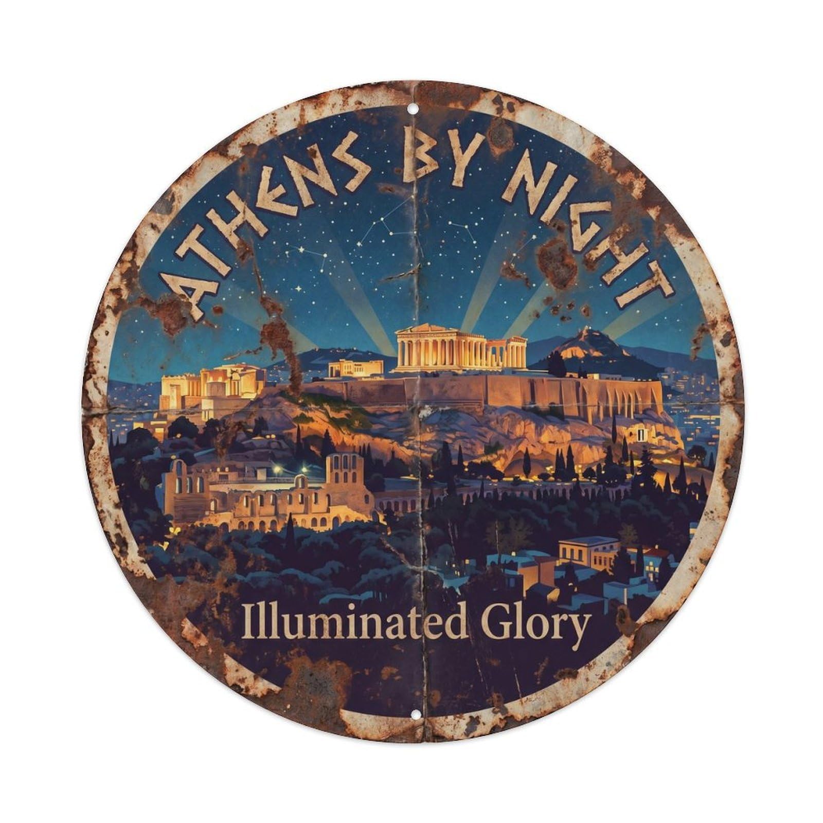 Vintage Travel Acropolis Night Athens Metal Tin Sign Plaque Wall Decor for Cafe, Club, Garden Round Metal Poster 8x8Inch