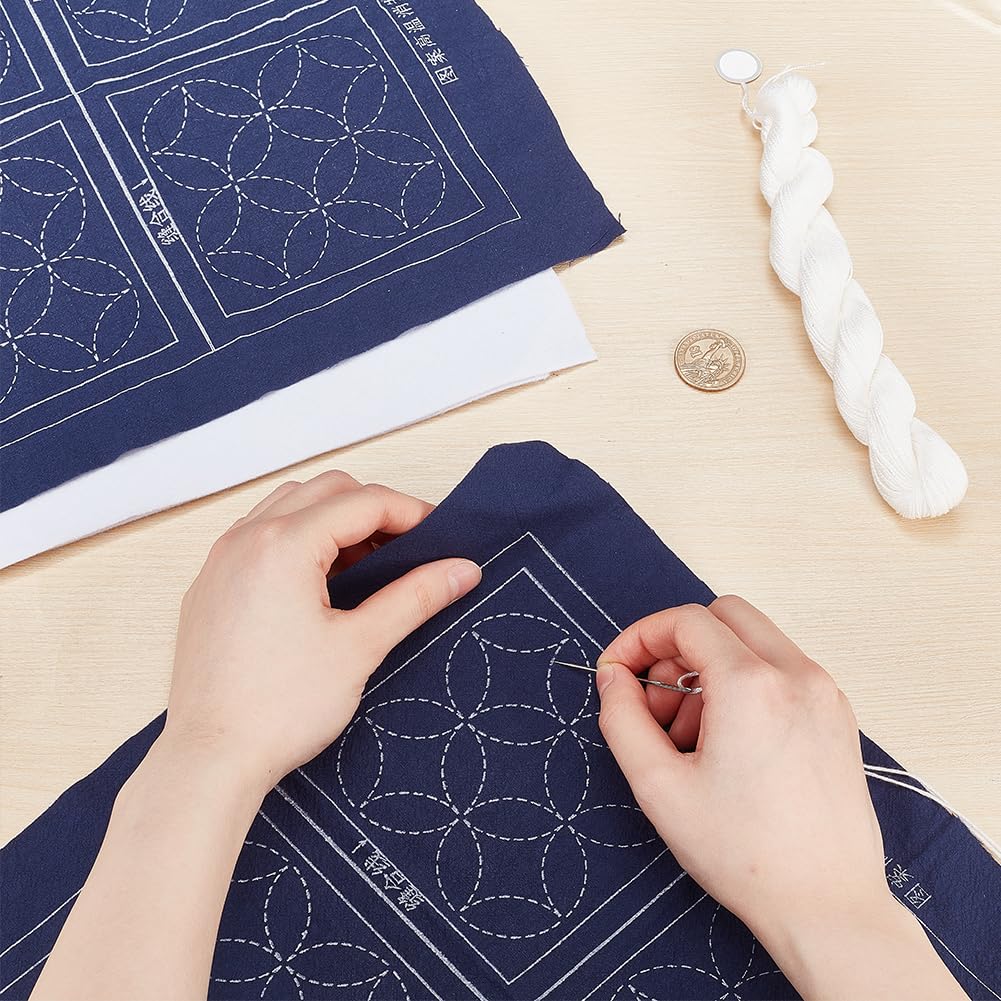 FREEBLOSS Kit Sashiko DIY Sous-Tasses Thé - Gabarits Solubles + Tissu Coton Bleu Marine + Instructions - Idéal Débutants