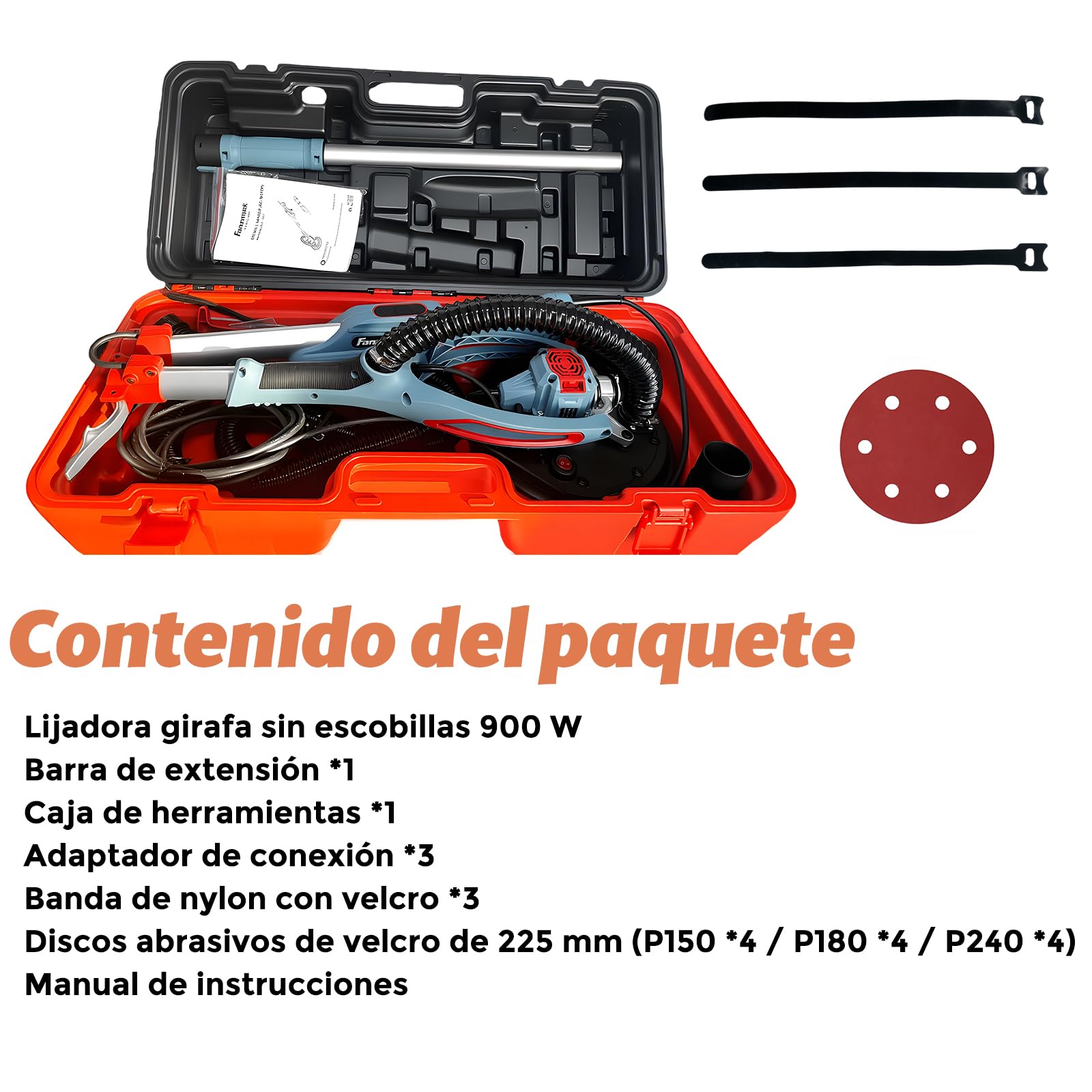 FANZWORK Lijadora Pared y Techo 900 W sin Escobillas, Ultra Ligera, 2300 rpm, LED, Incluye 12 Discos de 225 mm y Maletín