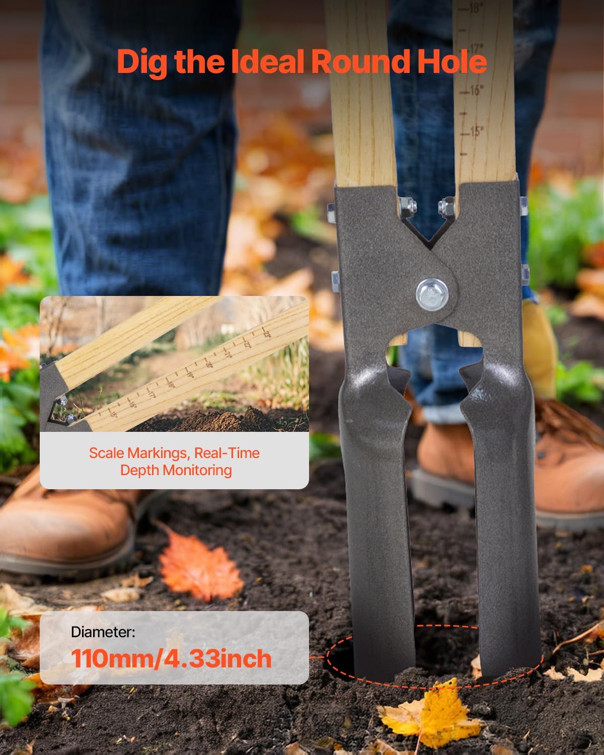 VEVOR 57.5" Post Hole Digger, Heavy Duty Post Hole Digger with Wood Measurement Handle, Manual Hole Digger with Metal Blade, Post Hole Digger Tool for Digging Cultivating Yard Work Gardening Outdoors