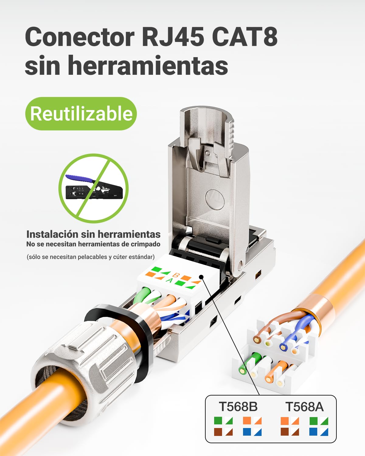 Blindado RJ45 Conector CAT 8 sin Herramienta, 40Gbps/2000MHz, Dorado Conectores RJ45 POE Para cables de instalación Cat8 Cat7, Conector LAN Cat8 sin Herramienta, reutilizable, 2 Unidades
