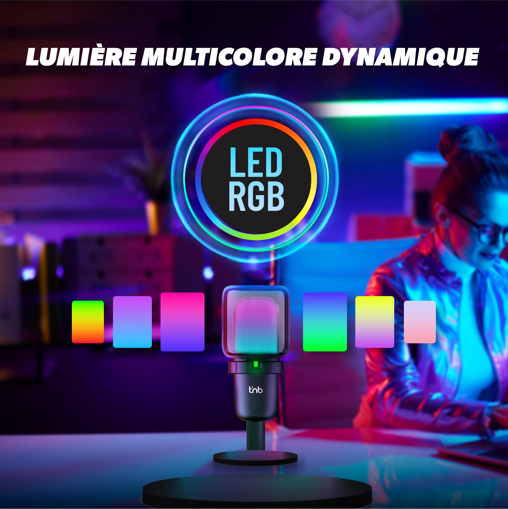 T'nB - Microphone USB à Condensateur pour PC et PlayStation PS4/PS5, Microphone Gaming Lumière RGB, Streaming et Podcast, idéal Youtube, Twitch, Discord et Jeux Vidéo - Noir