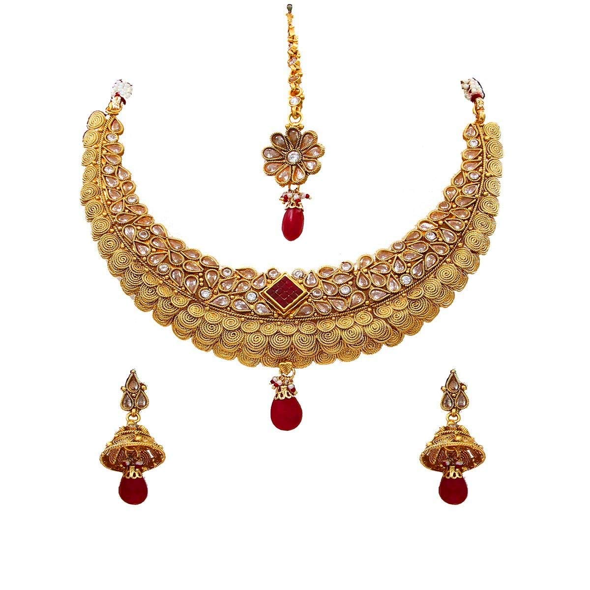 Conjunto de collar de boda sorprendente, chapado en oro, hecho a mano, joyería de diseño moderno para novias y niñas, Piedra preciosa., Rubí, esmeralda, perla,