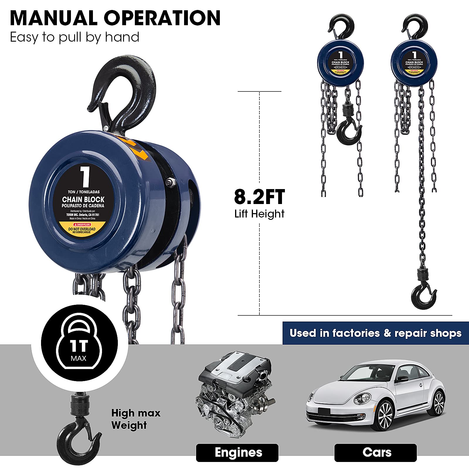 TCE ATR9010U Torin Sollevamento manuale a catena in acciaio con 2 ganci resistenti, capacità 1 tonnellata, 2,5 m, blu