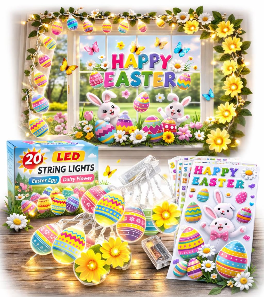 HOVUK Easter Decorations Bundle, 39PCS Window Clings Stickers with 20 LED Egg & Daisy String Lights 1.65m Battery Fairy Lights Happy Easter Window Decor Spring Party Home Decorations