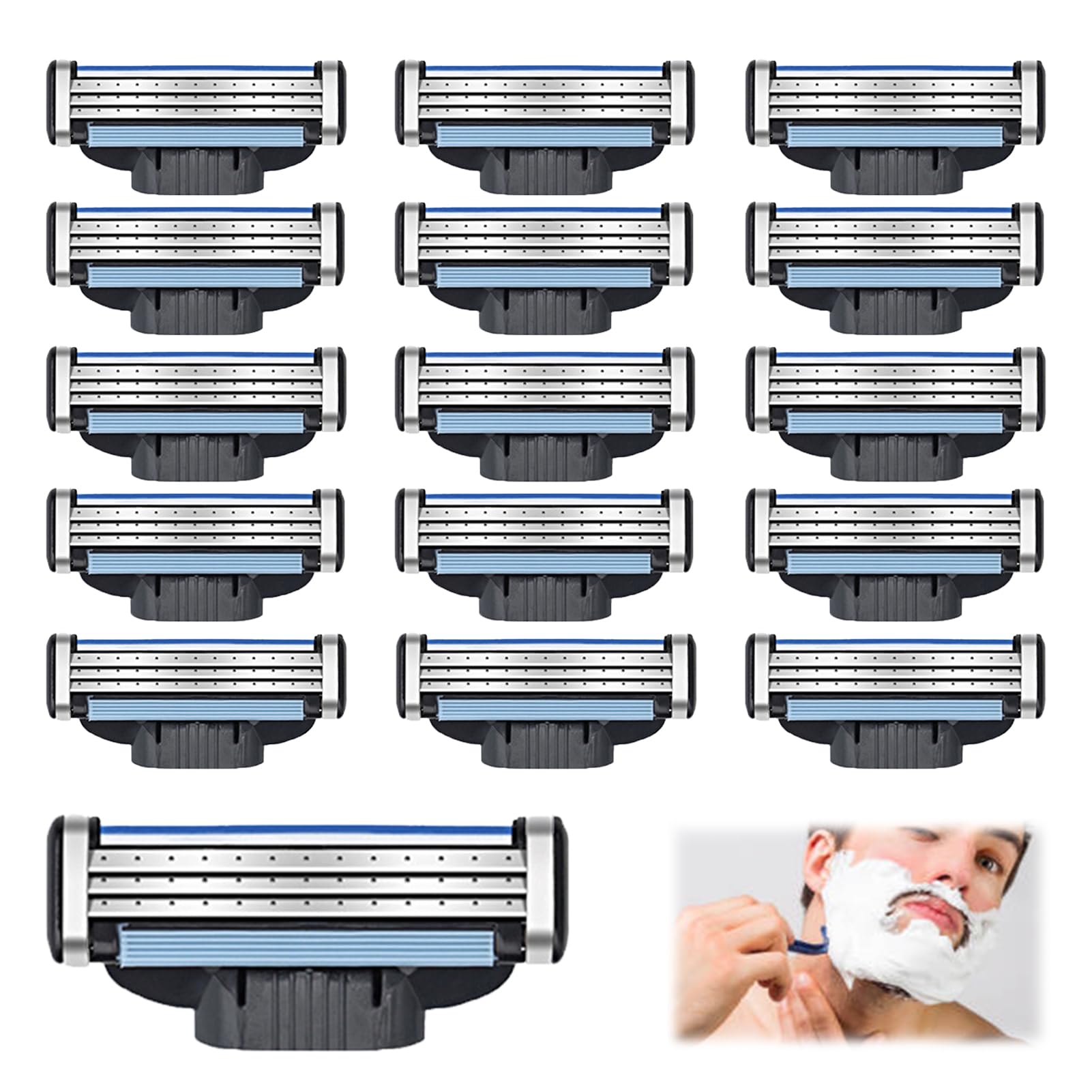 16 Pack Razor Blade Refills - Men's Replacement Blades with Double Lubrication Strip - 3-Layer Refills - Universal Kit