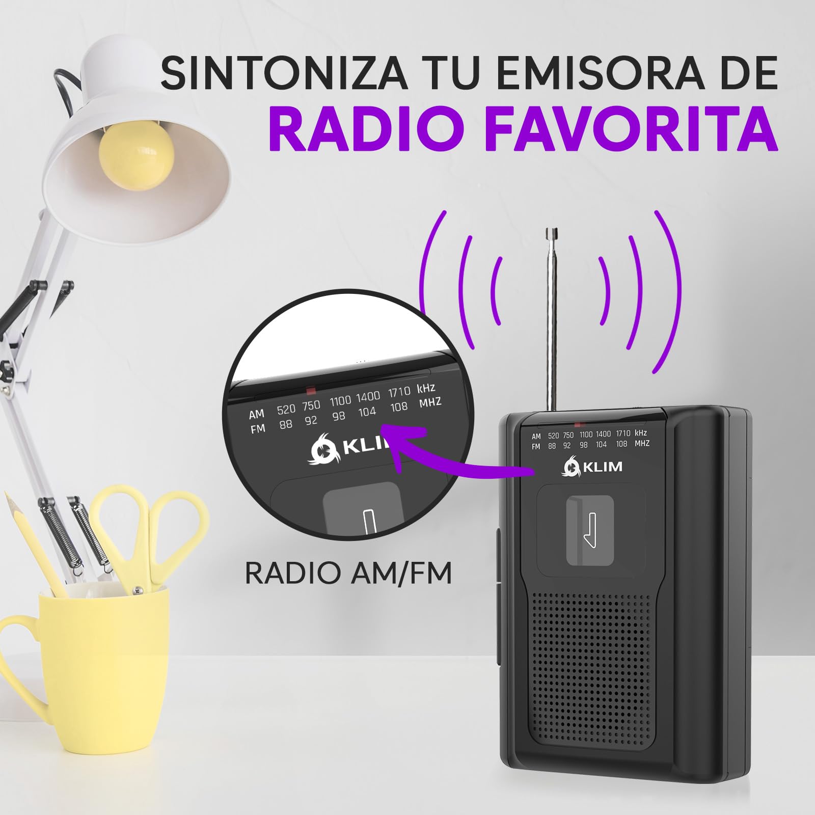 KLIM K8 Reproductor Cassette - Nueva versión - Cassette Player - Am/FM Radio - Micrófono y Altavoz Integrados - Conector para Auriculares y Auriculares - Negro