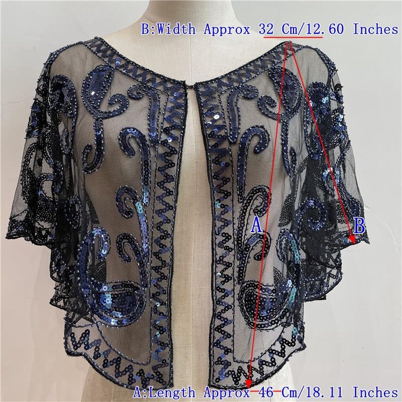 Specell 1920s Shawl Wraps Wedding Bridal Wrap Sequin Beaded Shawl For Evening Dresses Wedding Gatsby Party Harlem Night. Black Navy Blue - Image 3