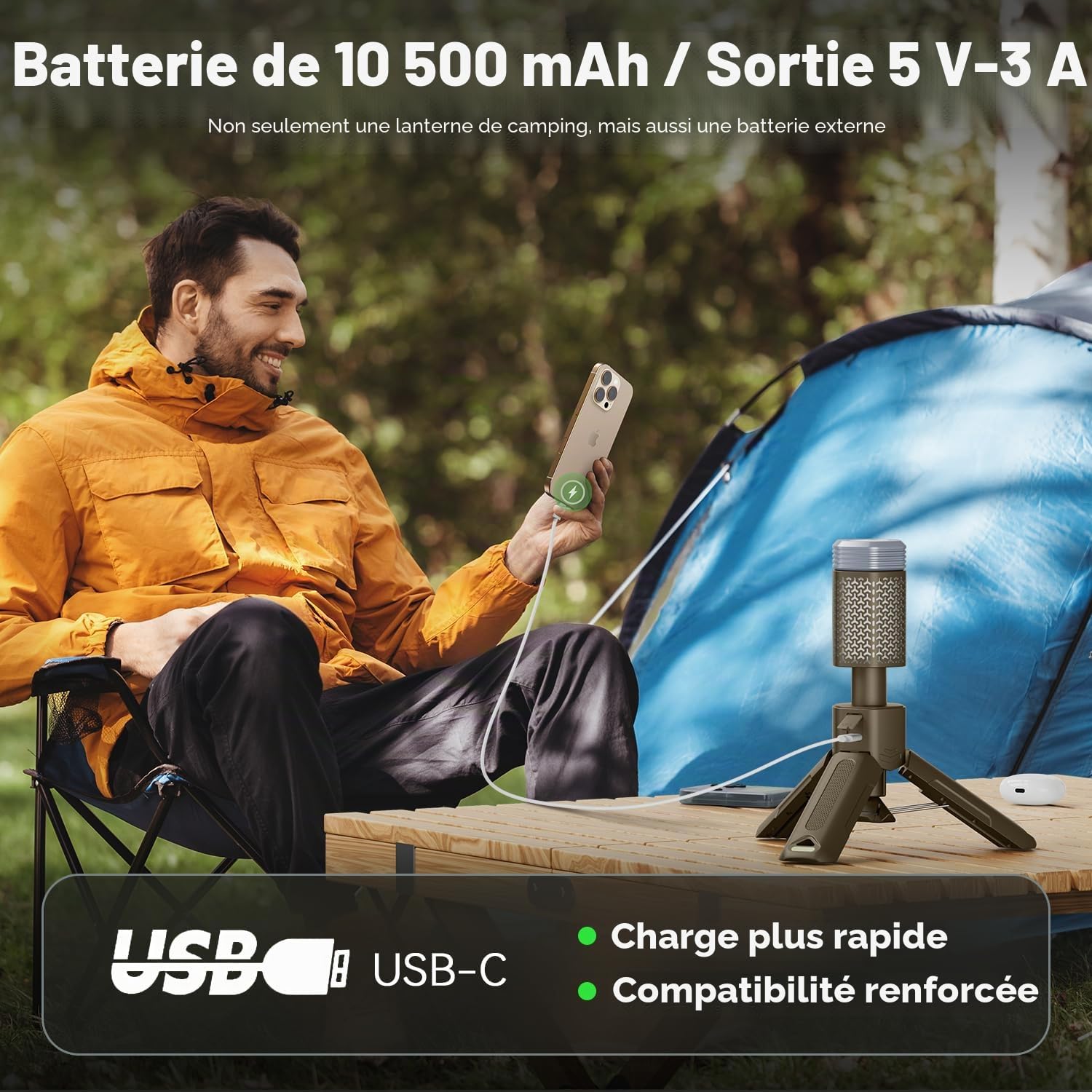 Lampe de camping Mytrix avec batterie 10 000 mAh, base magnétique - Parfaite pour l'aventure, la randonnée, le camping, la diffusion en direct - Lanterne de camping télescopique pliable - Jaune