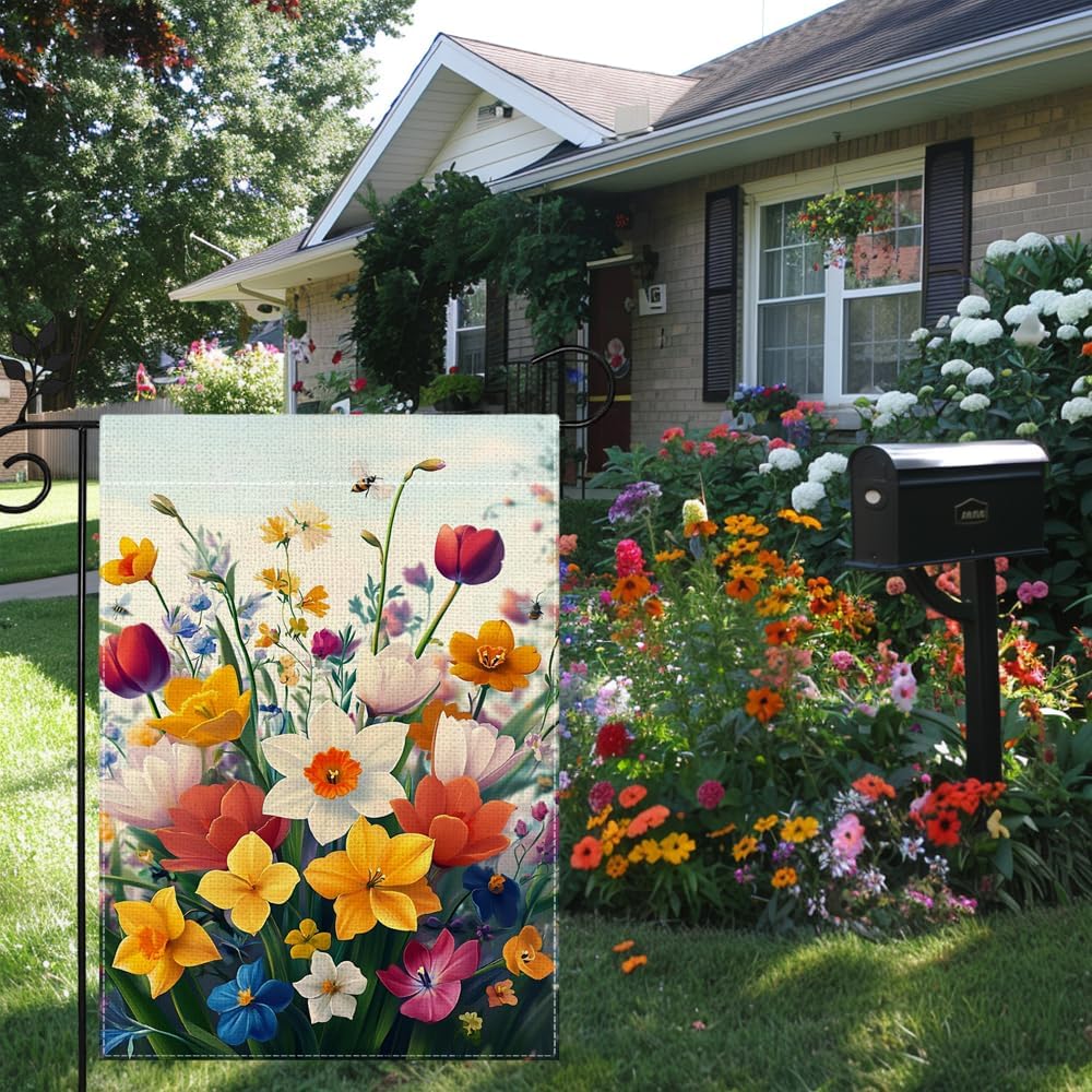 Spring Daffodils Tulip Flower Garden Flag for Outside Summer Bee Colorful Floral Yard Flag Double Sided Burlap Farmhouse Outdoor Home Decorations 12x18 Inch - Image 6
