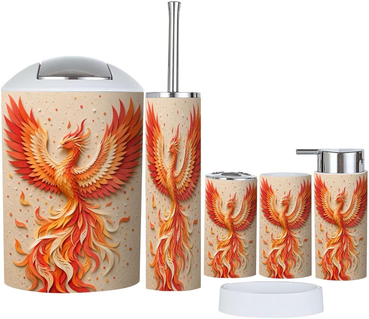6 Pcs Bathroom Countertop Accessories Set Vibrant Fiery Red Orange Feathers Toothbrush Holder Tumbler Soap Dispenser Soap Dish Toilet Brush Holder Trash Can Stylish Home Decor