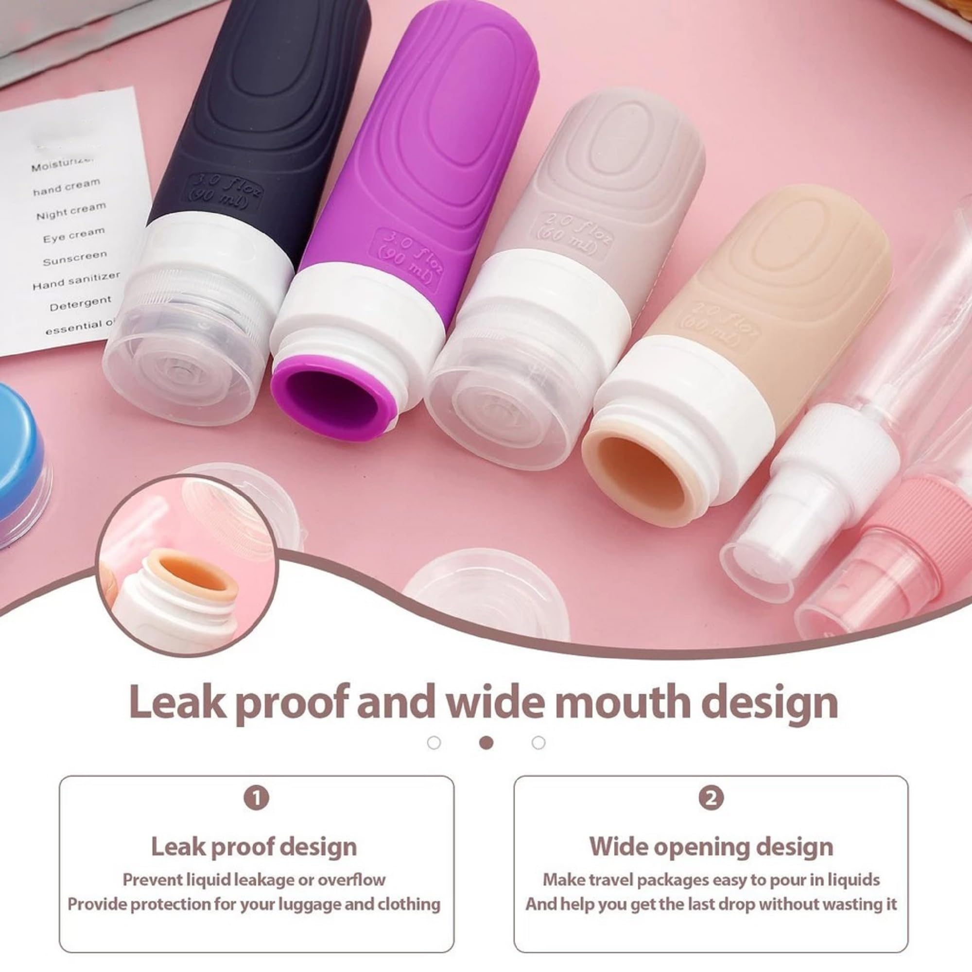 VIVUE 17 Pack Silicone Travel Bottles Set, Reusable Travel Lotion Bottles for Toiletries, BPA Free Leak Proof Squeezable Refillable Travel Containers For Shampoo, Lotion, Soap, Liquids Organizer - Image 5 thumbnail