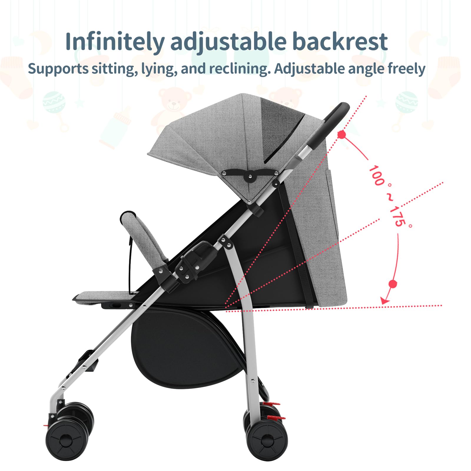 Poussette canne compacte Ingenious,avec position allongée,de la naissance à 4 ans (Jusqu’à 25 kg), 47 * 72 * 97cm, canapé, avec moustiquaire, porte-gobelet, GRIS