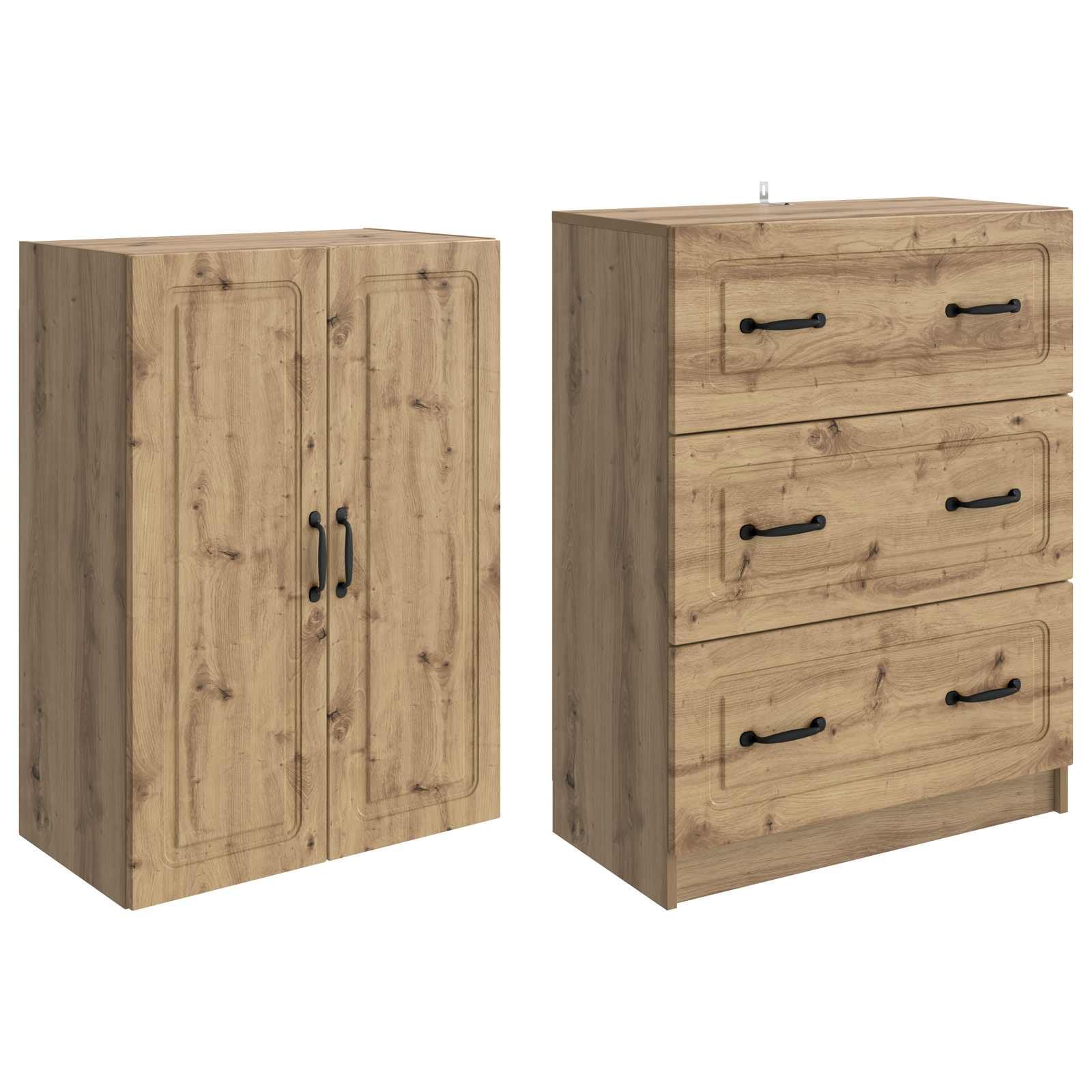 Set di 2 armadi in rovere Artisan, cassettiera con 3 cassetti e 2 ante, armadietto in legno per corridoio e soggiorno, design moderno, 66 x 34,5 x 87 cm