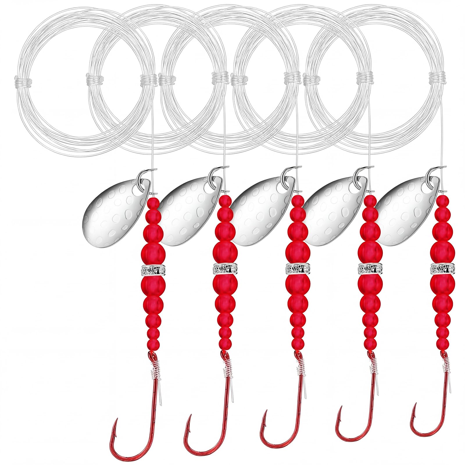 Soulchen 5 Pcs Fishing Lure Spinner Bait Rig, Walleye Harness Blades Rig for Lure Fishing Making Kit, Red Bead Spinner Bait with Size 2/4/6/8/10 Hooks, High-Carbon Steel for Freshwater/Saltwater